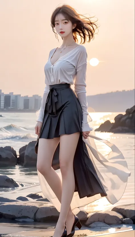 tropical sandy beach in background), adult woman in Japan, (depicted as  large swaying breasts), (standing knees with legs open), ((always depicting  only one person in one cut)) - SeaArt AI