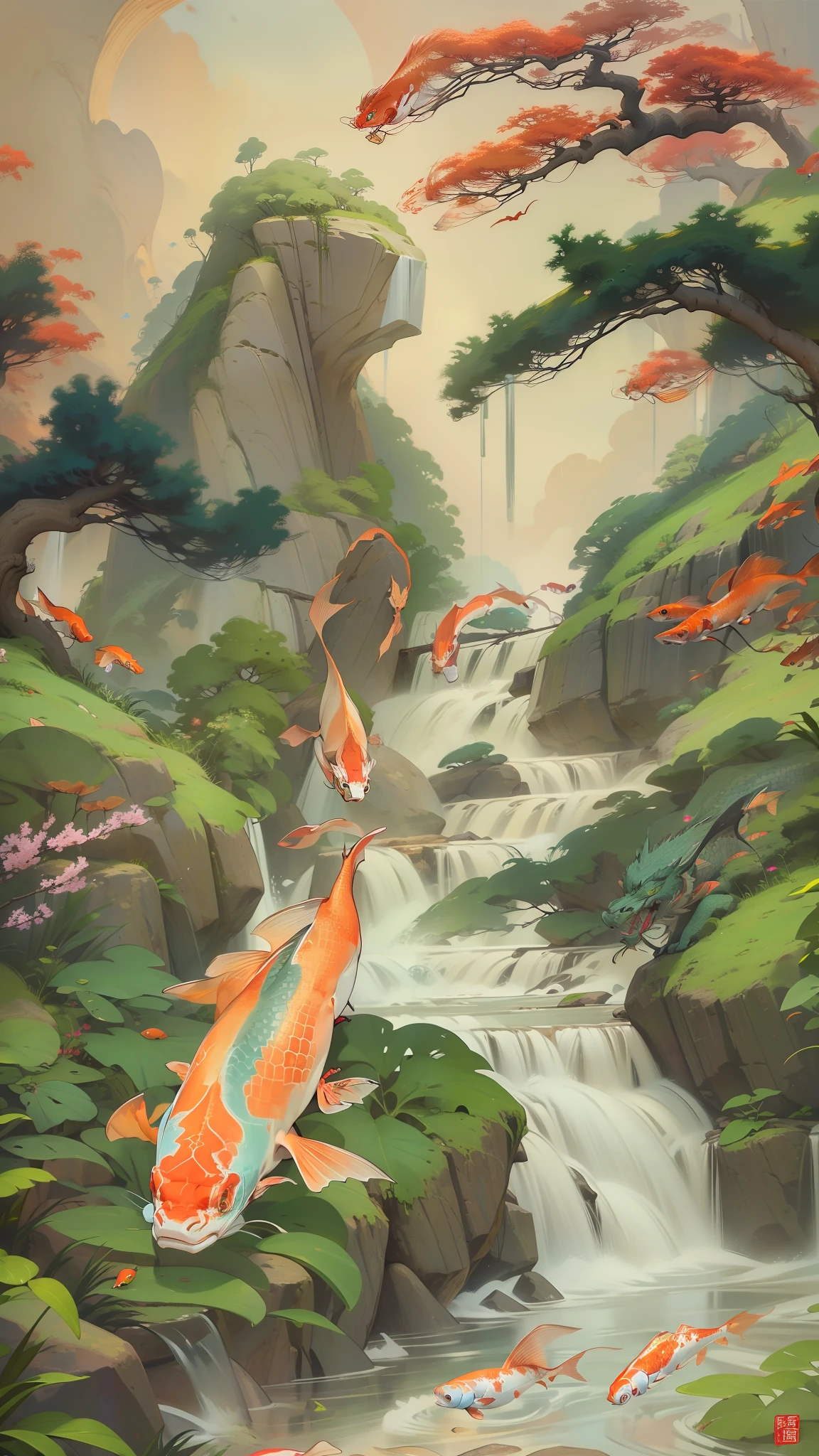 dim moonlit night ,In Japanese legend, a carp climbs a waterfall and becomes a oriental dragon (an auspicious creature in Chinese mythology), 🐲. koi fish, carp (esp. the Japanese carp, Cyprinus carpio), The carp swims towards the upper reaches of the waterfall, the dragon ascends to the sky, High waterfalls, cascades, rocks, splashes, spray. electronic circuit pattern, (Best quality), (masterpiece:1.3), ultra-detailed, (realistic), (photorealistic), Modest exposure,