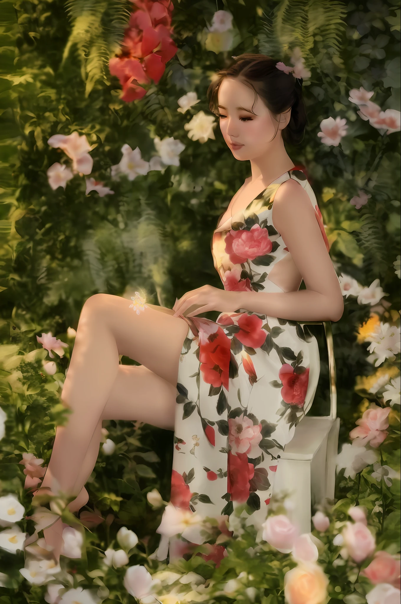 Araffe sitzt auf einem Stuhl in einem Blumengarten, Blumenkleid, wearing a long geblümtes Kleid, dressed in a Blumenkleid, Cheongsam, geblümtes Kleid, im Stil von Lam Manh, Von Ni Tian, atemberaubende elegante pose, rotes Blumenkleid, Frau in Blumen, Dame mit leuchtendem Blumenkleid, süße elegante pose, geblümte Kleidung