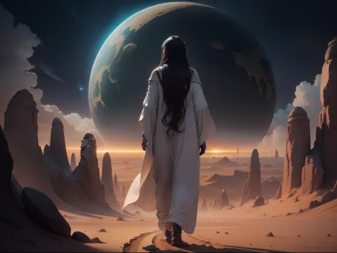 Strange man, long dark wavy hair, wearing long robes, a strikingly beautiful face, walking towards the camera, in black inverse seedpod spaceship, lands on an alien desert planet with many oasis, every step he takes explodes in colored light and sound shoc...