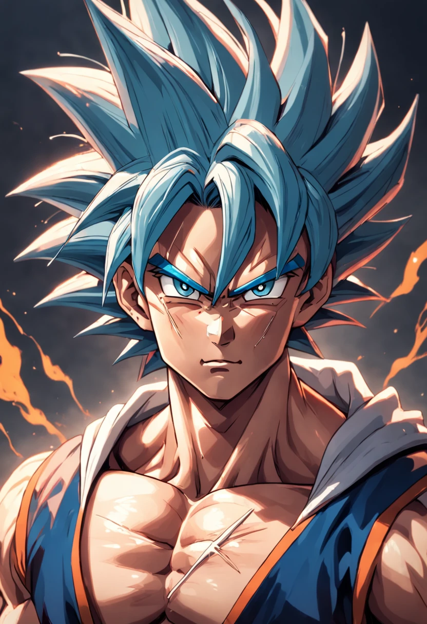 A close up of a young goku with blue hair and blue eyes - SeaArt AI