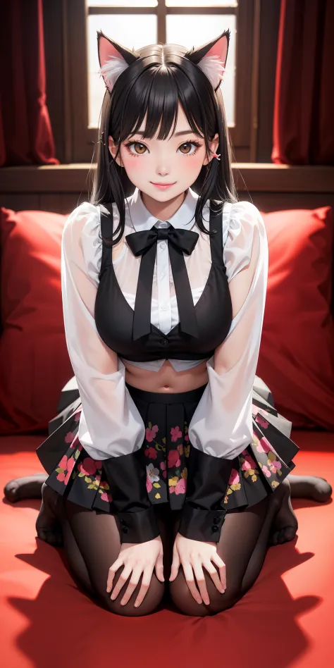big breasts ((1cat girl)) ((28 year old mature girl)), ((black hair and her cuteness)) decorative cat ears, crawling with hands and feet touching the ground, , long sleeved blouse print hearts, short pleated skirt, feminized long legs, navel exposed, best ...