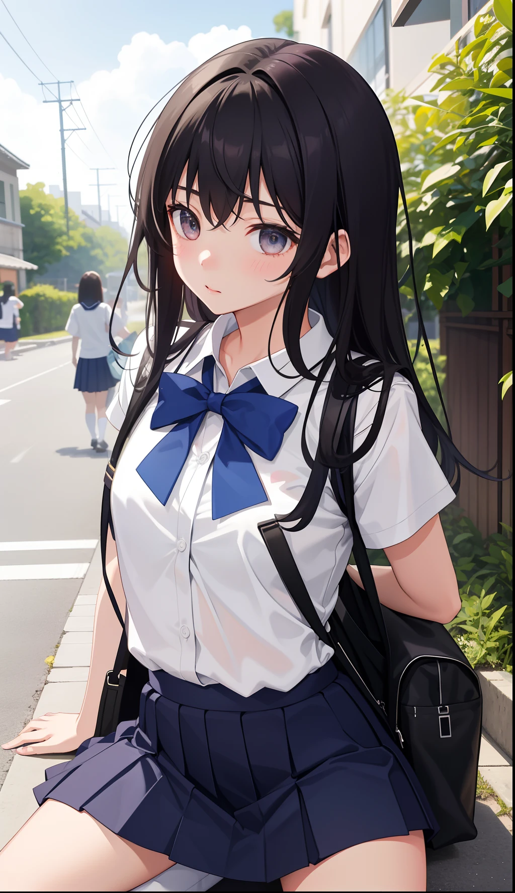 Anime girl in school uniform sitting on a bench in the street - SeaArt AI