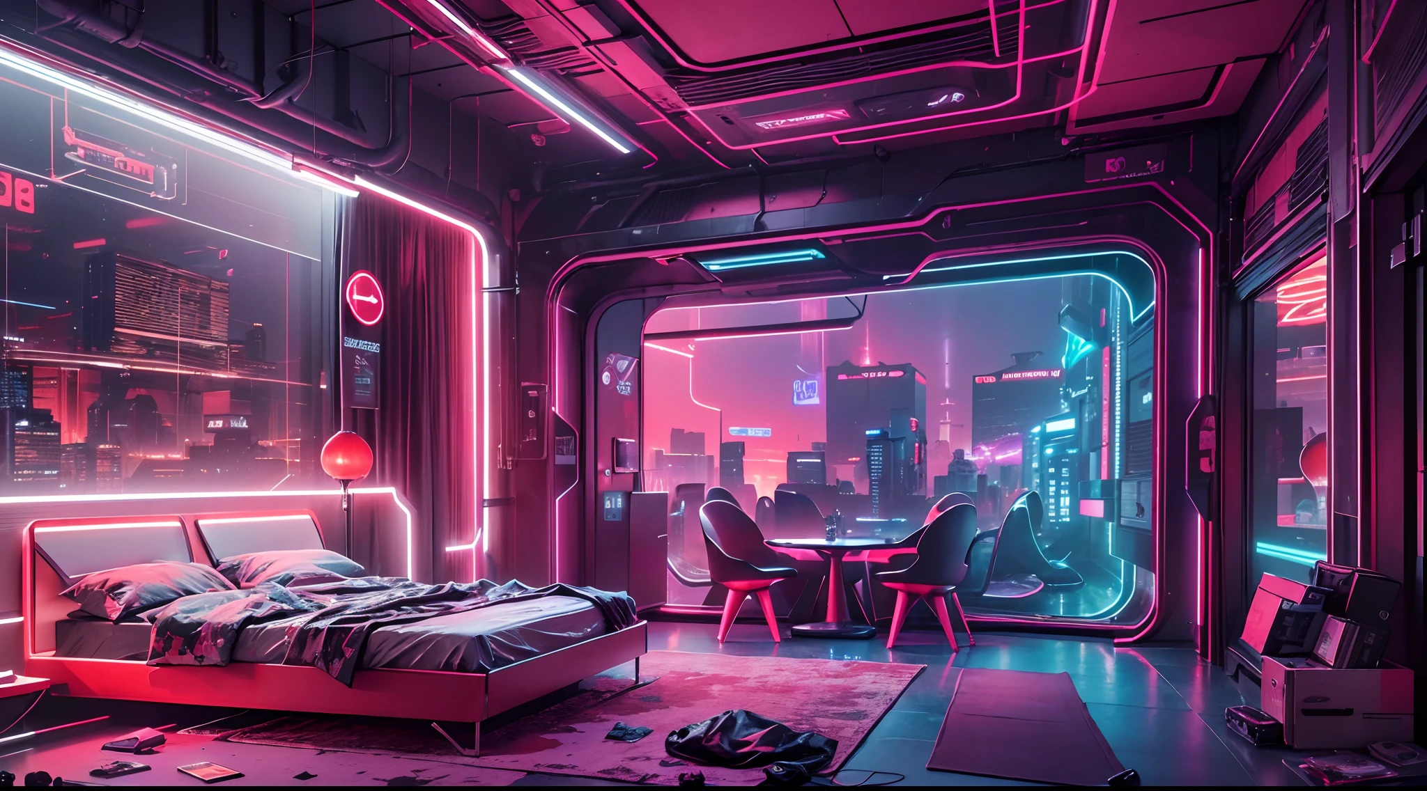 Best image quality, Masterpiece, Ultra-high resolution, (Fidelity:1.4), ((cyber punk perssonage)), cyber outfit, Futuristic, ((Award-winning ultra-realistic photos))，（Hyper-detailing），（Complicated details），（High resolution CGI artwork 8k），liveroom/Bedrooms/kitchens/terrazzo，Detailed cyberpunk cityscape。There are many colors and LED lights。The cityscape should be very detailed，depth of fields。Create depth with atmospheric lighting，Wide-angle lens showing rooms and windows。Use atmospheric and volumetric lighting to enhance cityscape detail。The room should be illuminated by the neon lights of the cityscape, Pastel textured colored background, Colourful, vibrant