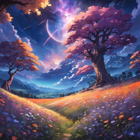 expansive landscape photograph , (a view from below that shows sky above and open field below), flower field, (full moon:1.2), ( shooting stars:0.9), (nebula:1.3), distant mountain, tree BREAK production art, (warm light source:1.2), (Firefly:1.2), lamp, l...