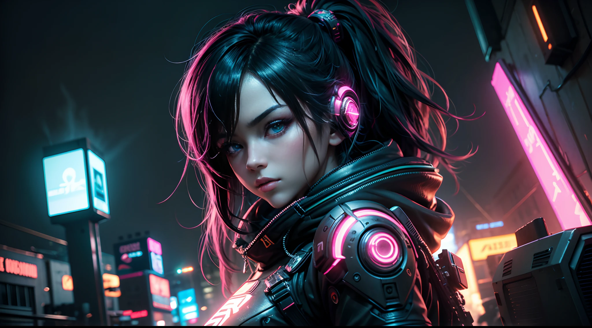 An ultra-realistic female anime character amidst a neon-drenched cityscape at night. The digital artwork showcases exquisite detailing, from her expressive eyes to her cyberpunk attire. A masterpiece in 8K resolution, immersing viewers in a captivating cyberpunk anime experience. Photo taken by Hiroshi Sugimoto with a Nikon D850 and a 50mm lens, Studio lighting, Neon ambiance. 8K, Ultra-HD, Super-Resolution. --v 5 --q 2