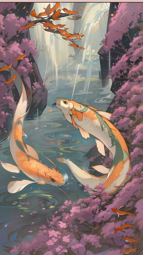dim moonlit night ,In Japanese legend, a carp climbs a waterfall and becomes a oriental dragon (an auspicious creature in Chinese mythology), 🐲. koi fish, carp (esp. the Japanese carp, Cyprinus carpio), The carp swims towards the upper reaches of the water...