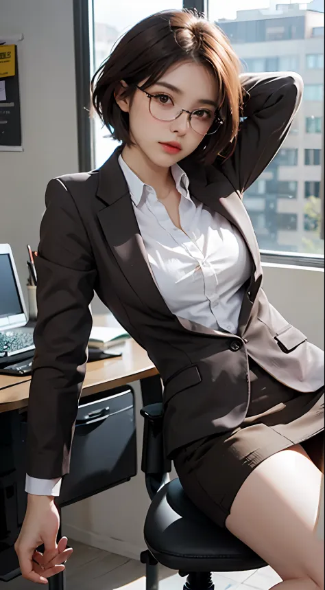 Top Quality, Photorealistic, 8K, High Resolution, 1 girl, Female, (medium breasts: 1.8), Office, Brown suit, No panties, Skirt flipping up, At work, Sitting in office chair and legs wide open, Slightly short hairstyle, Bronze hair, Black-rimmed glasses, Un...