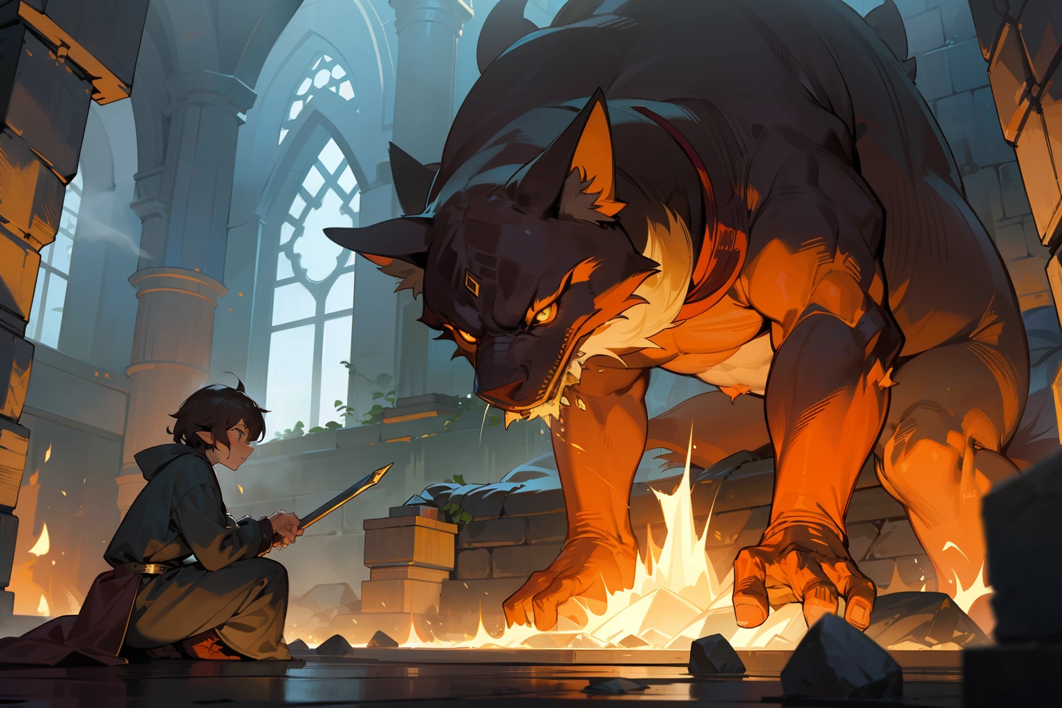 A woman kneeling down next to a large cat in a building SeaArt AI