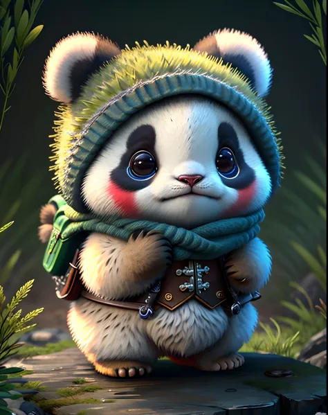 Top image quality、"Create cute creature masterpieces with inspired ultra-detailed concept art. Let your imagination come alive", （a panda）, high detailing, in 8K、Top image quality、Dressed as an adventurer in the game、Carrying weapons、Bold poses