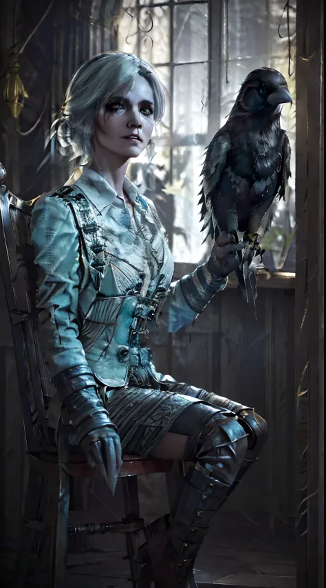 An old witch sits in a Kadilau chair in the background，She was holding a Soniste crow，Use Midjourney's advanced brush tools、Colo...