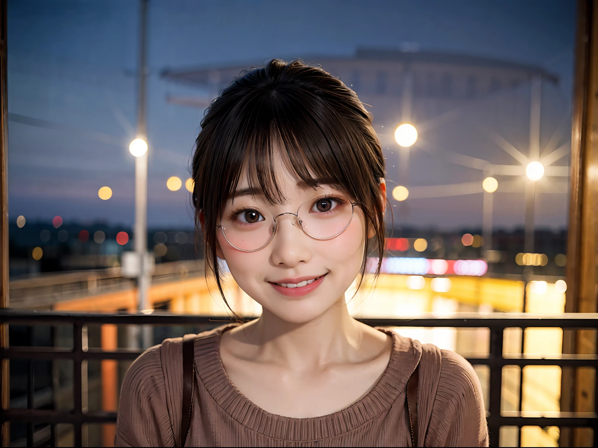 日本女孩穿著休閒服、觀察你的觀眾、東京城市夜景、(頂級品質、大師傑作)))、高畫質精品、非常詳細、大師傑作、電影燈光、(8K、頂級品質、大師傑作:1.2)、(現實的、真實感:1.37) 高解析度、超細節、戴眼鏡的女人、沉默的樣子、圓眼鏡、亞洲人, 可愛的小, 可愛的臉孔, 獨自的, 短髮 1.2, 有紋理的皮膚, 美麗的笑容, 美麗細緻的夜空, 夜景, 電影燈光, 景深, 鏡頭光暈光、約會、(臉紅鼻子)、、(嘴閉著)小胸、美麗的眼睛注重細節、(毛衣:1.1)、(短髮:1.2)、飄逸的頭髮Nova青蛙造型、