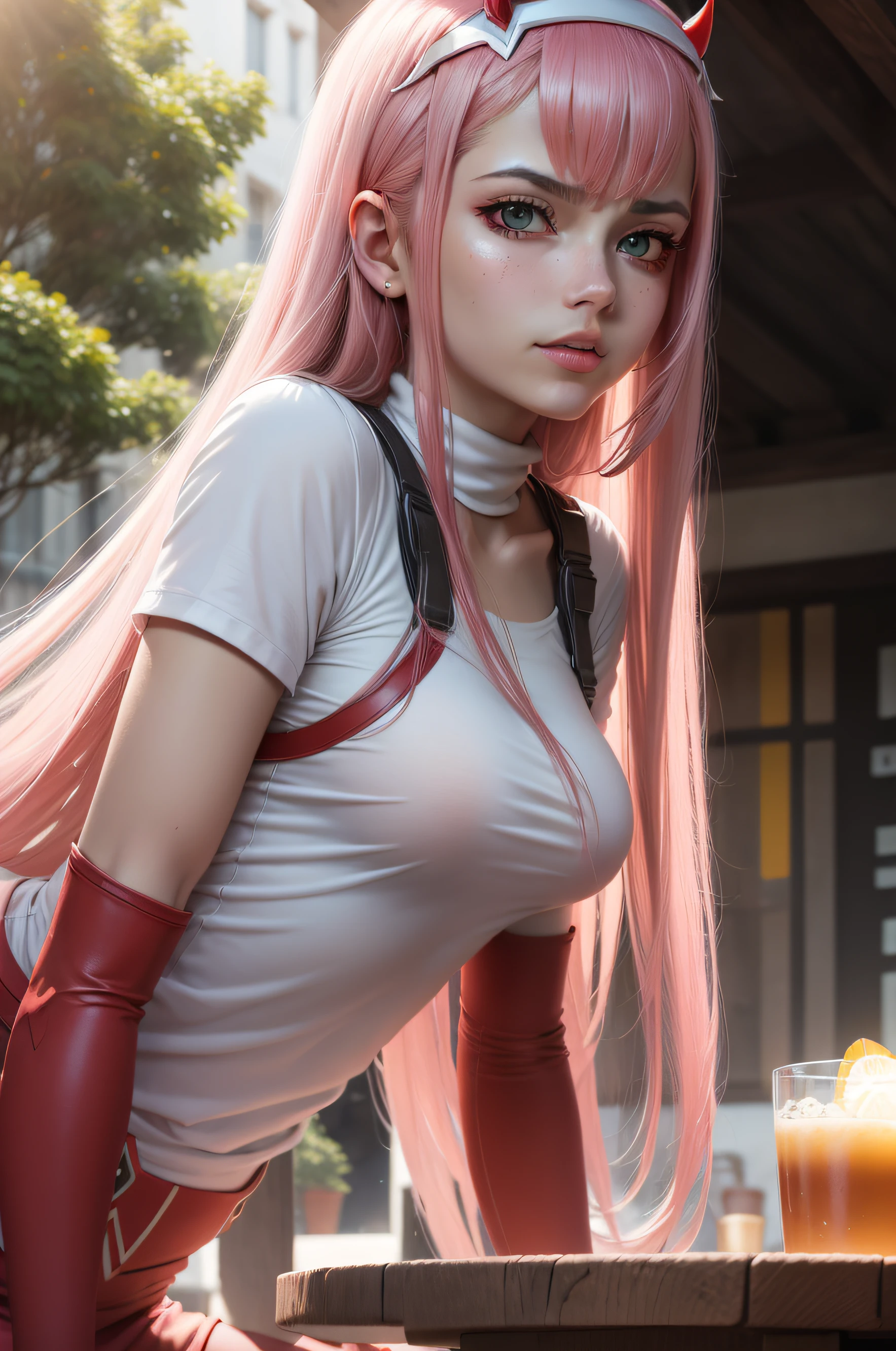 ((Zero Two Darling en el Franxx)), 8k, Obra maestra, La mejor calidad, fotorrealista, Ultra detallado, 1 girl,  textura realista de la piel, senos grandes, Mira hacia el espectador, , Camiseta suelta de medio corte,, Underboobs, debajo de los senos, Micro mini falda, , movie lighting, Enfoque facial, Ojos finos, Cara detallada, Cara bien iluminada, Rayos de sol, Open-air café in the background, Low-angle shot, Vista desde abajo