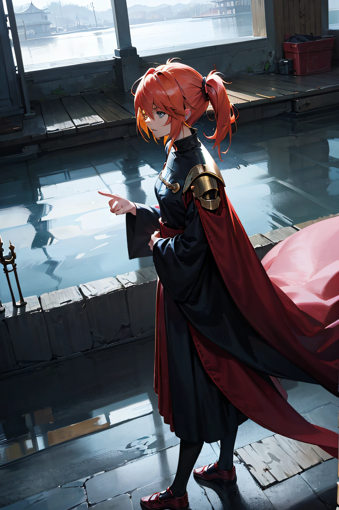 Anime - style girl in a red cape and black outfit standing in a room -  SeaArt AI