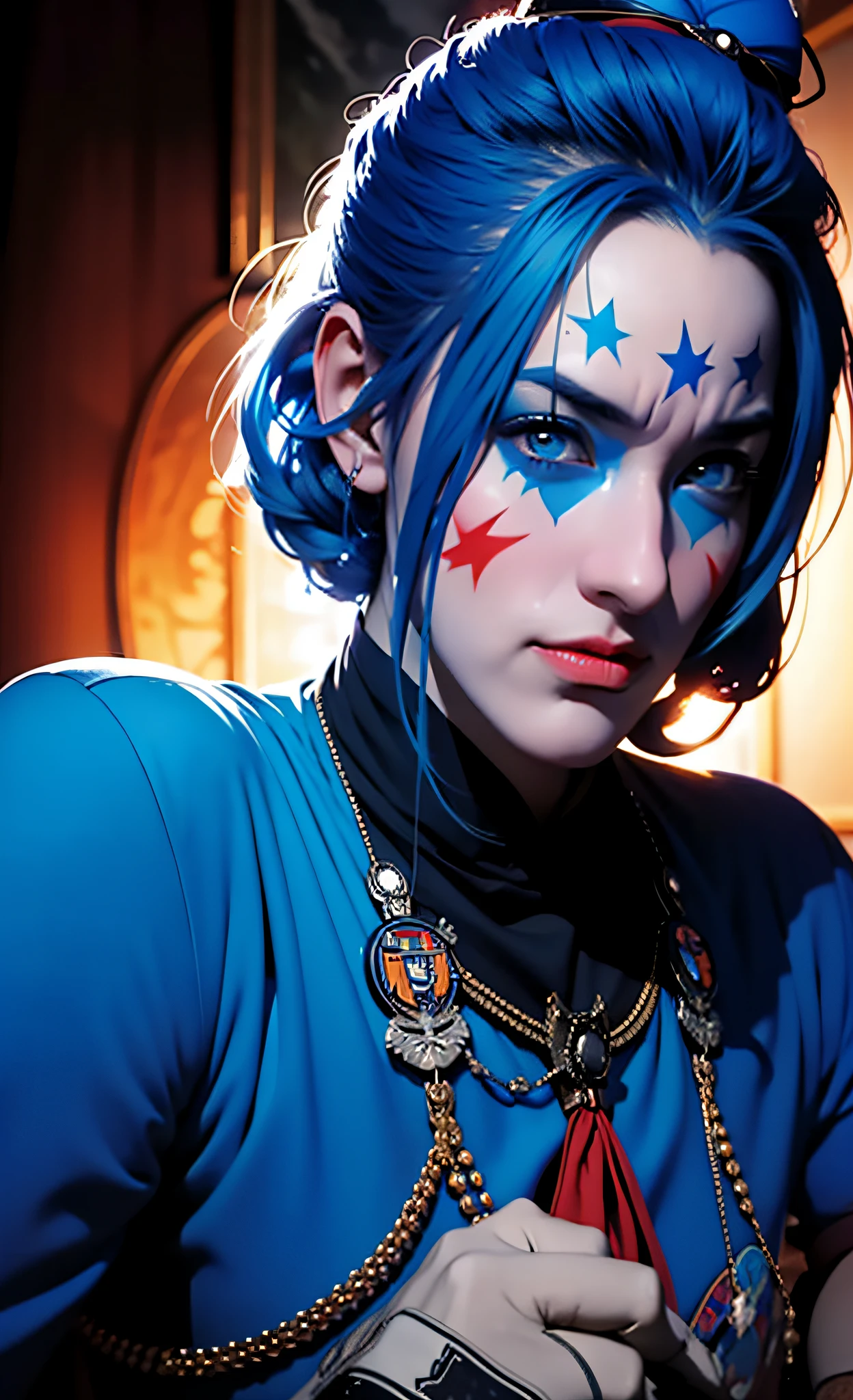 uma menina vestida com regalias militares com cabelos azuis, no estilo da arte autodestrutiva, palhaço, DC Comics, enfatiza a emoção sobre o realismo, azul claro e laranja, realismo de alto contraste, felizcore