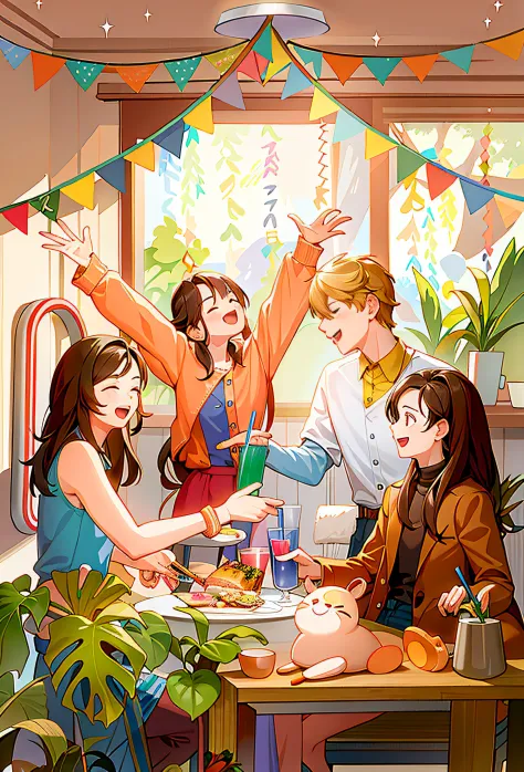 There were four youths at a table，There was food and drinks, Exciting and happy illustration, Illustration style,celebrating, jo...
