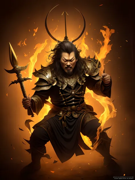 Angry King Ming，Strong and brave，Canine teeth exposed，Hair stands on end，Eight arms，There is a trident in his hand, Respectively，The sword，pestle，the bow，arrow，hand seal，One person per foot，The silhouette of the body is on fire，Hot，Light, an ultrafine deta...