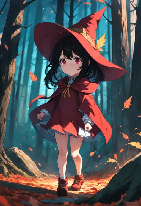 Deep forest，falling leaf，magical little girl，serious，Red cape，Red witch hat