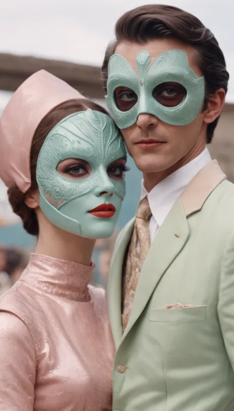 8k portrait of a 1960s science fiction film by Wes Anderson, Vogue anos 1960, pastels colors, There are people wearing weird futuristic masks and wearing extravagant retro fashion outfits and men and women wearing alien makeup and old ornaments with mechan...