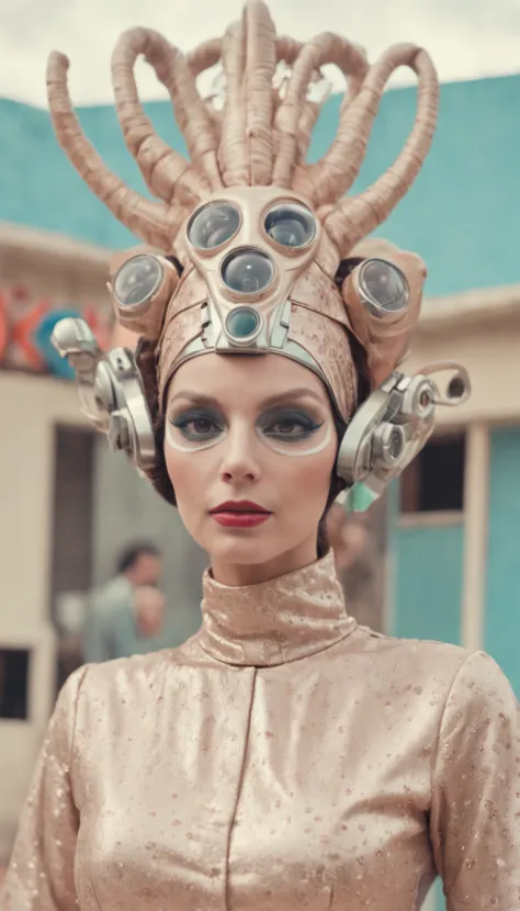 8k portrait of a 1960s science fiction film by Wes Anderson, Vogue anos 1960, pastels colors, There are people wearing weird futuristic masks and wearing extravagant retro fashion outfits and men and women wearing alien makeup and old ornaments with mechan...