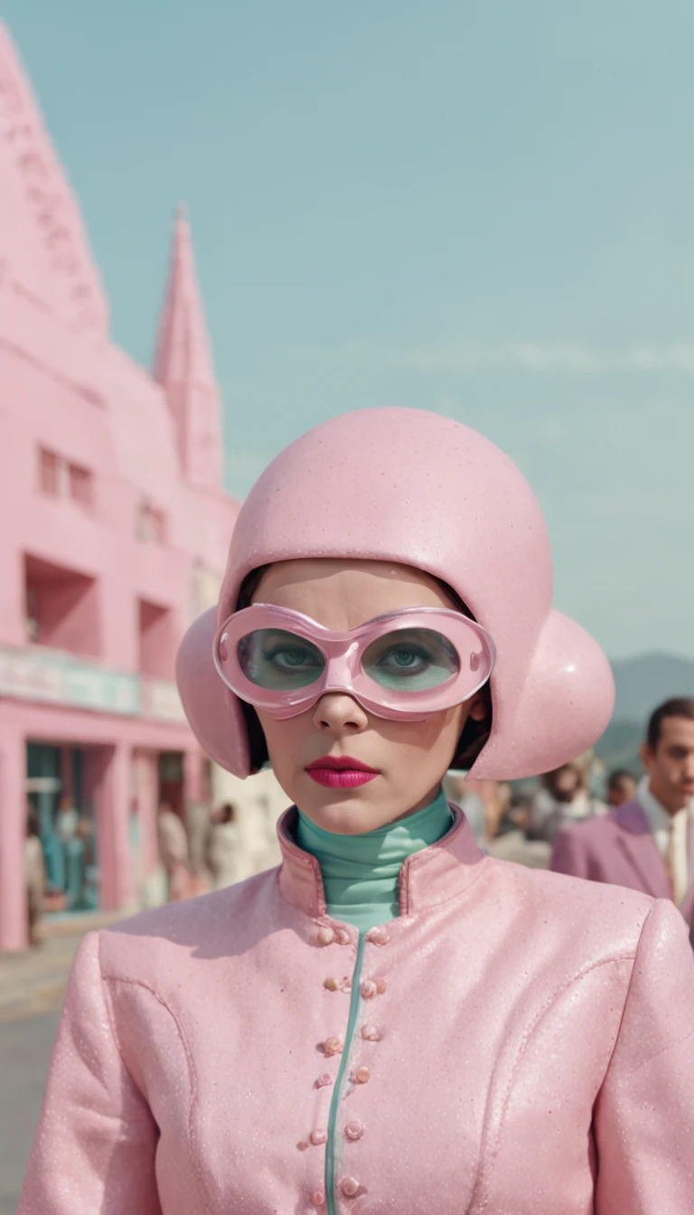 8k portrait of a 1960s science fiction film by Wes Anderson, Vogue anos 1960, pink pastel colors, amarelo, azul, verde, There are people wearing weird futuristic chameleon masks and wearing extravagant retro fashion outfits and men and women wearing alien makeup and old ornaments with mechanical pets in town, Luz Natural, Psicodelia, futurista estranho, fotorrealista, hiper detalhado, sharp focus, Intrinsic, Fuji filmes 55mm,