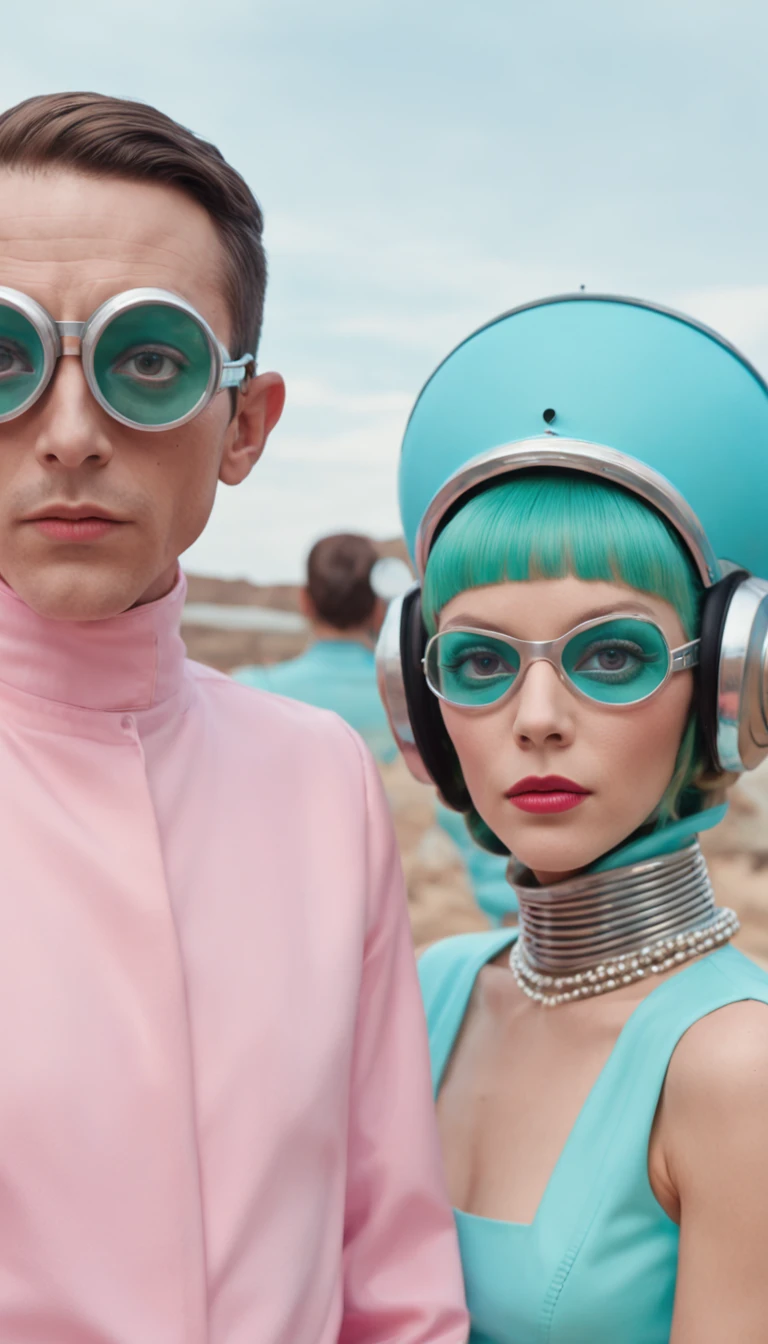 8k portrait of a 1960s science fiction film by Wes Anderson, Vogue anos 1960, pink pastel colors, amarelo, azul, verde, There are people wearing weird futuristic chameleon masks and wearing extravagant retro fashion outfits and men and women wearing alien makeup and old ornaments with mechanical pets in town, Luz Natural, Psicodelia, futurista estranho, fotorrealista, hiper detalhado, foco nítido, Intrinsic, Fuji filmes 55mm,