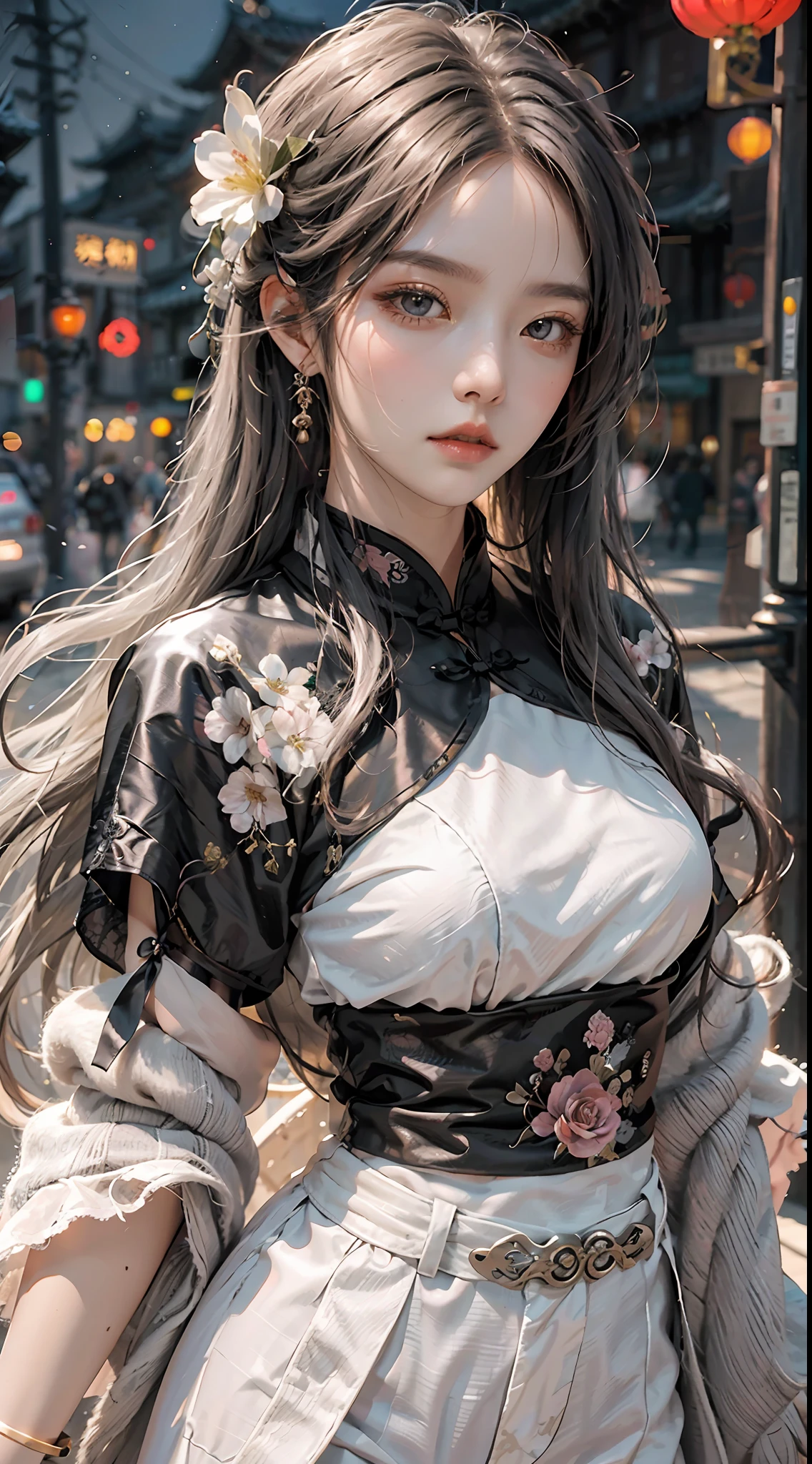 Masterpiece, Best Quality, Night, Full Moon, 1 Girl, Mature Woman, Chinese Style, Ancient China, Sister, Royal Sister, Cold expression, expressionless face, Silver white long haired woman, Light pink lips, Calm, Intellectual, Three belts, Gray pupils, Assassin, Short knife, Flower ball background, Strolling in the street scenery