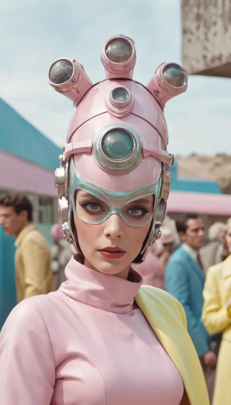 8k portrait of a 1960s science fiction film by Wes Anderson, Vogue anos 1960, pink pastel colors, amarelo, azul, verde, There are people wearing weird futuristic chameleon masks and wearing extravagant retro fashion outfits and men and women wearing alien ...