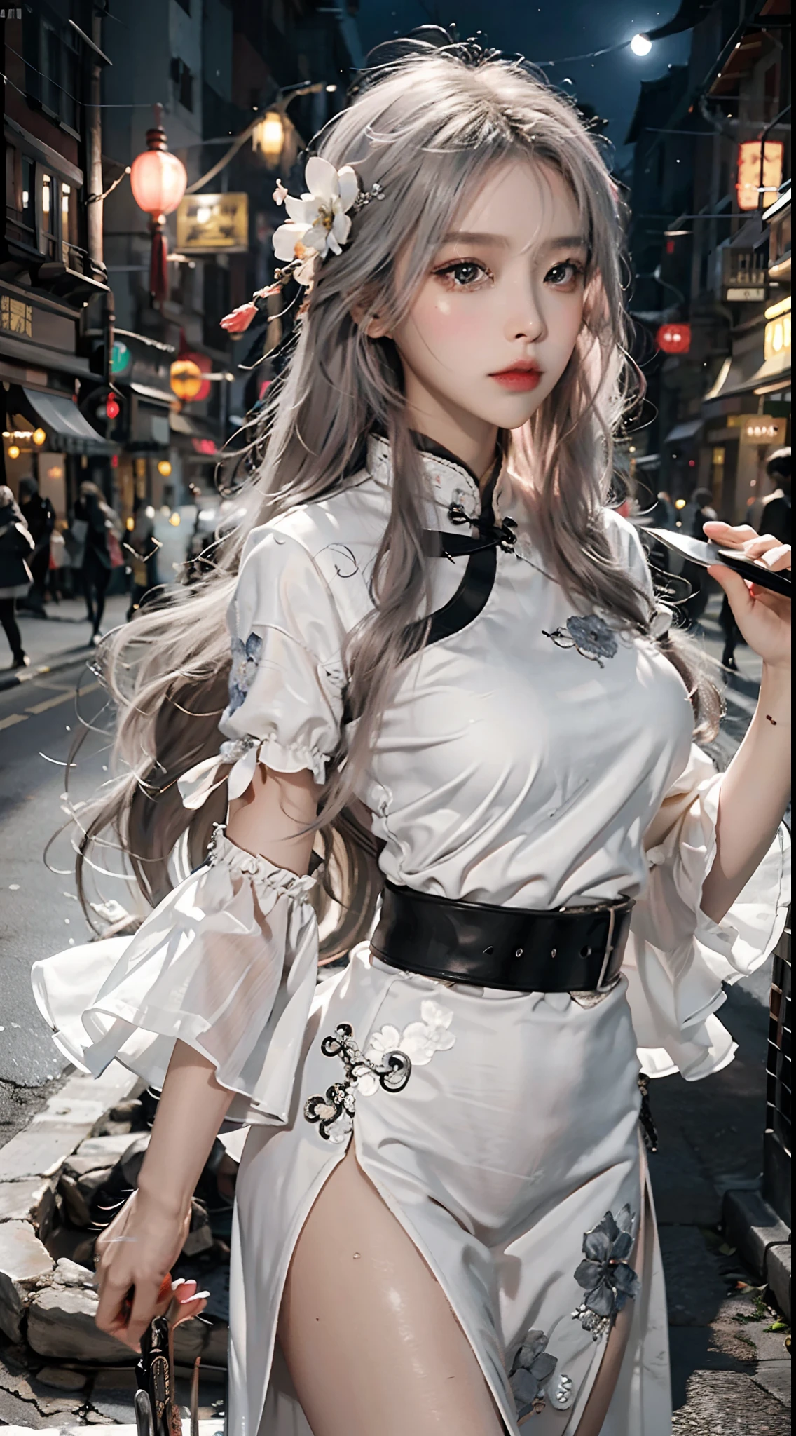 Masterpiece, Best Quality, Night, Full Moon, 1 Girl, Mature Woman, Chinese Style, Ancient China, Sister, Royal Sister, Cold expression, expressionless face, Silver white long haired woman, Light pink lips, Calm, Intellectual, Three belts, Gray pupils, Assassin, Short knife, Flower ball background, Strolling in the street scenery