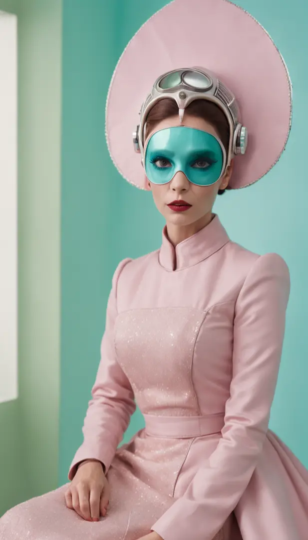 8k portrait of a 1960s science fiction film by Wes Anderson, Vogue anos 1960, rosa pastel cores, amarelo, azul, verde, There are people wearing strange futuristic chameleon masks and wearing extravagant retro fashion outfits and men and women wearing alien...
