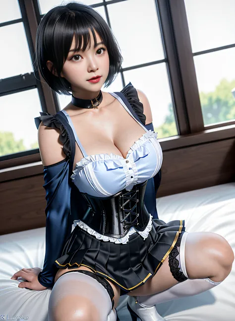 Azure lane Waifu, dark short hair, school girl hair ornament, large breasts, cleavage, perfect composition, perfect Waifu, sexy, appealing, ((Best quality)), ((masterpiece)), (detailed:1.4), 3D, an image of a beautiful schoolgirl Lolita prostitute, long bl...
