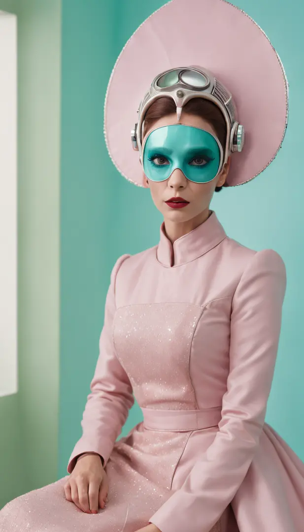 8k portrait of a 1960s science fiction film by Wes Anderson, Vogue anos 1960, rosa pastel cores, amarelo, azul, verde, There are people wearing strange futuristic chameleon masks and wearing extravagant retro fashion outfits and men and women wearing alien...