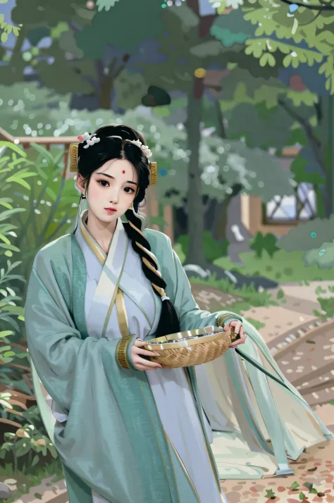 painting a woman in a dress holding a plate of tea leaves, palace ， a girl in hanfu, official character illustration, extremely ...