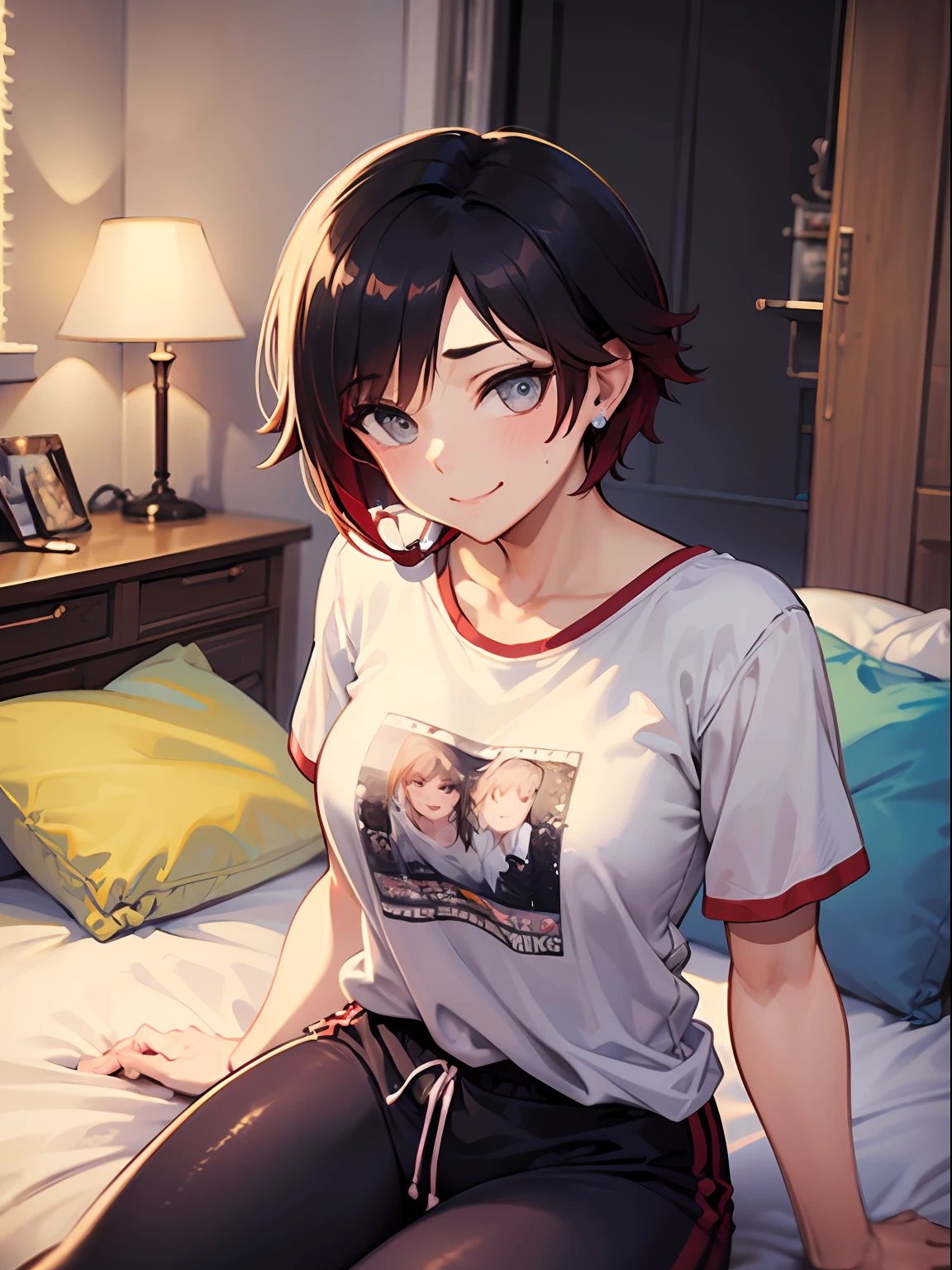 (Masterpiece, Best Quality:1.2), Cowboy shot, solo, 1girl, Ruby Rose, Smile, looking a viewer, earphones, Nightie, t shirt, black sweatpants, wide thighs, bed room, erotica