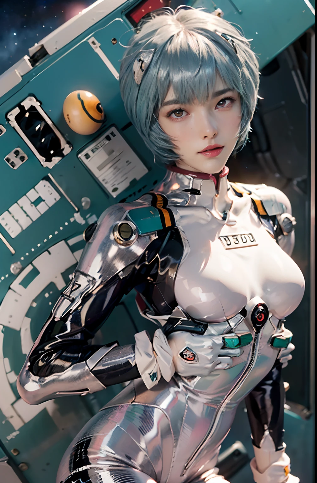 Masterpiece,NSFW,((Whole body:1.1))))), (Realistic),photore, Best quality, 1 female,(Tall)),ear cover,(((Rei Ayanami, Plug set 00)))), ((((Red eyes,Beautiful face, Beautiful eyes))), (Cute face)), Moist eyes, face,Detal Face, Detail lips, Detail eyes, (Long eyelashes), Double eyelids, (Seductive smile), ( (Gentle eyes, Fleeting expressions)),(Rubber set with intense metallic luster and smooth surface), (((((Sexy skinny metallic gloss rubber set)))), (Thick black line)))), From the bottom, (Upright), (Carmelte), (Smooth body lines)), Light short hair, (((Pale thin eyebrows)), Beautiful hair, (Large round chest), The small logo pattern on the chest is zero, Mecha suit, Elongated waist, White skin, (Turning Pose), ((Night sky, Spaceship)), (Face and eye details: 1.1), feeling of solitude, Blush, (Shy)), Very delicate and beautiful girl, The small logo pattern on the chest is zero, standing, (((Leg closed position)), (TO8 contrast style), Small egg-shaped psychosensory devices on the sides of the head