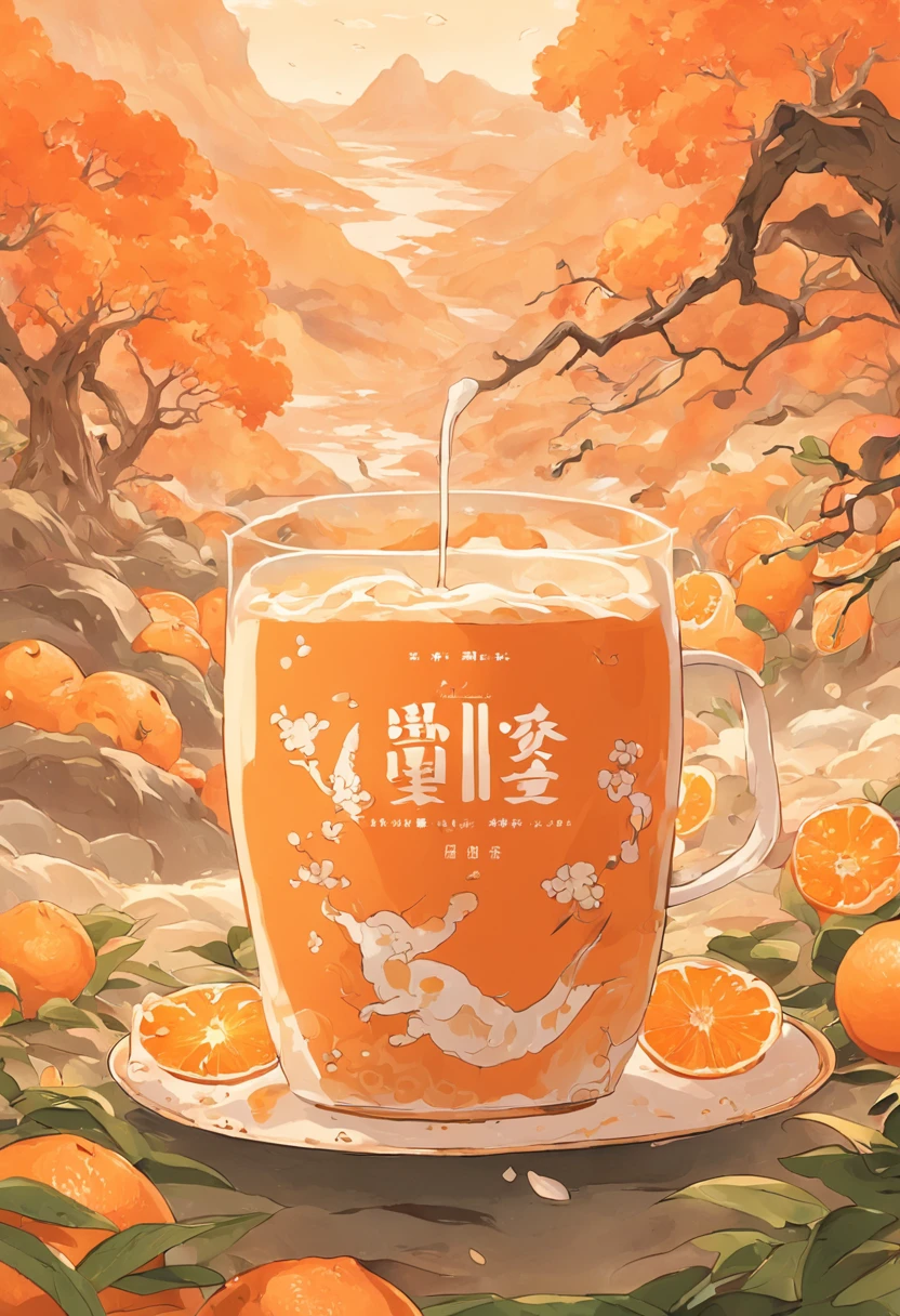 orange colors，milk tea，Flat illustration style，senior color matching，exquisitedetails，Dunhuang wind，National style，China-style，landscape painting，Milk tea packaging design with buns