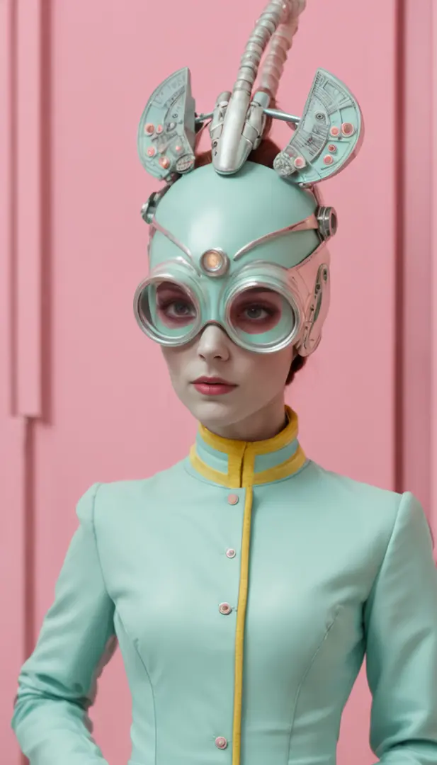 8k portrait of a 1960s science fiction film by Wes Anderson, pastel cores, rosa, amarelo, azul, verde, There are people wearing strange futuristic chameleon masks and wearing extravagant retro fashion outfits and men and women wearing alien makeup and old ...