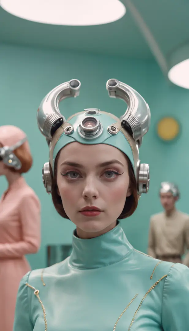 8k portrait of a 1960s science fiction film by Wes Anderson, pastel cores, rosa, amarelo, azul, verde, There are people wearing strange futuristic chameleon masks and wearing extravagant retro fashion outfits and men and women wearing alien makeup and old ...