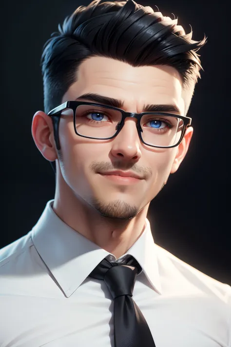 Close-up of a man wearing glasses in a white shirt, blue tie and black hair, brush cut，Little young people，Job sales，ssmile，wear...