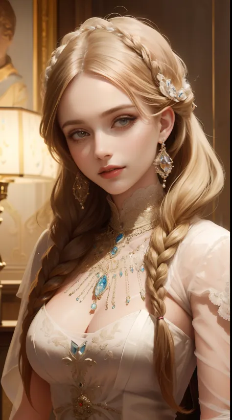 (Ultra-high quality masterpiece，Beautiful bust of an 18-year-old noble girl，Classical braids，The eyes are shiny and clear，Floral craftsmanship，Crystal jewelry，Ultra-fine details，Soft lighting)