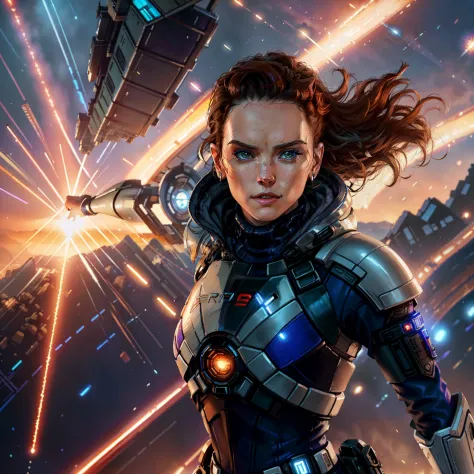 a close up of daisy ridley in a futuristic suit with a sci - fiction style background, mass effect fantasy, commander shepard, f...