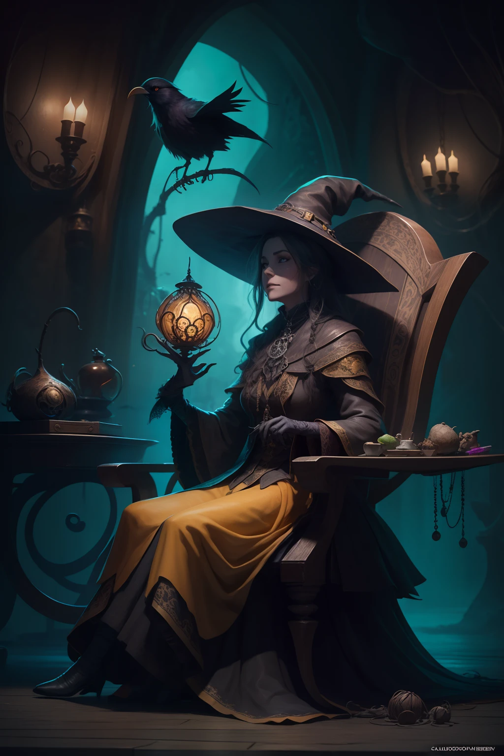 一位老女巫坐在背景的 calddirao 椅子上，她手裡拿著一隻索尼斯特烏鴉