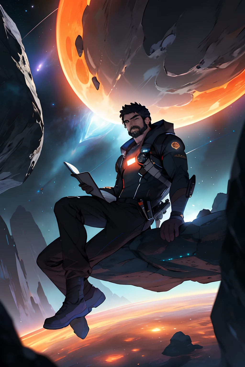 Draw a young programmer, sitting on a research platform floating in the middle of an asteroid belt. He is studying with a notebook, surrounded by several asteroids glowing with fiery auras. Dramatic lighting from distant stars and planets illuminates the scene, casting deep shadows on the suit. The young man looks confident and determined, looking at the vast and mysterious universe with wonder and respect,facial hair, cowboy shot,