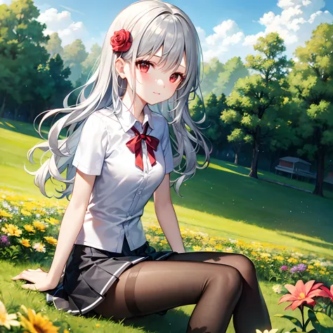 long wavy silver hair、red eyes、Beautiful girl alone、a miniskirt、tights、flower  field、sitting on、Panties are slightly visible