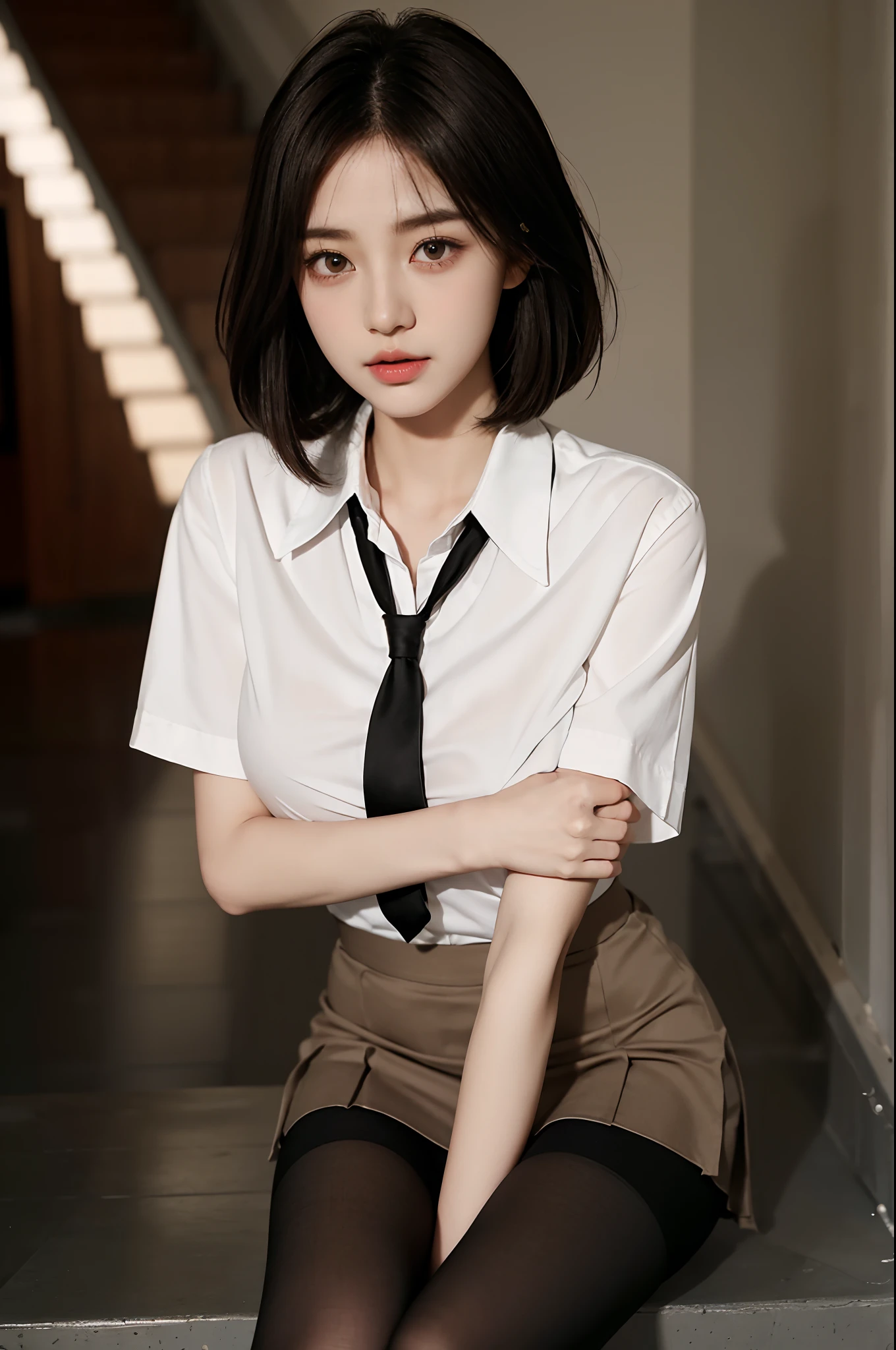 Korean school uniform、summer school uniform shirt、Tight shirt、Ribbon Ties、skirt by the、schools、stairs at school、chest lifting pose、Emphasis on the chest、Slender and big、8K raw photos、A high resolution、1 Korean、embarrassing looking、very large round breasts、Beautiful eyes finely detailed、long eyelasher、beautiful double eyelid、eye shadows、eyeline、slender eyes、Elongated eye shape、Sanpaku eyes、beautiful and thin legs、Beautiful slender thighs、Random Shorthair、Tie your hair behind your head、耳Nipple Ring、Light brown hair、(Wear pantyhose)、hugging his knees