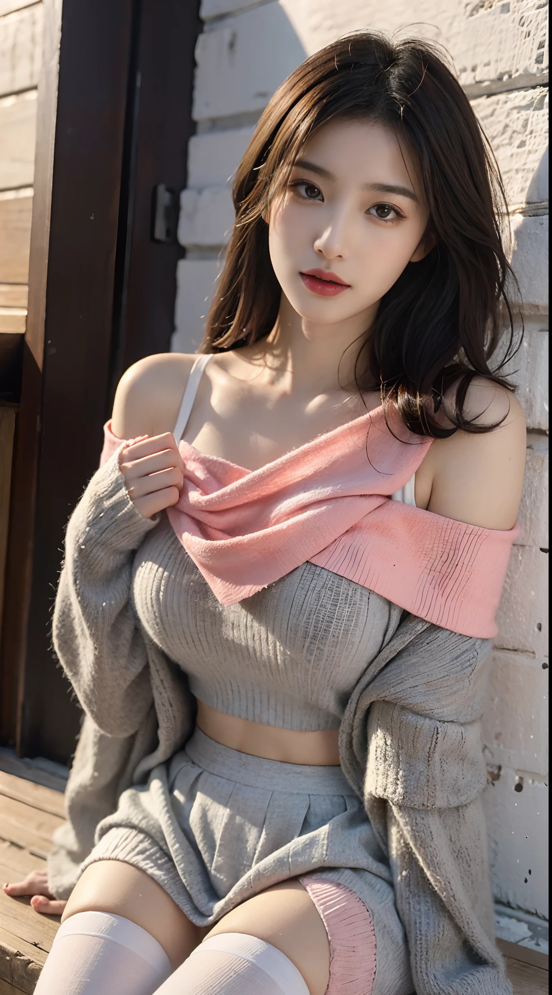 A perfect young female white-collar worker，Chinese big breasts，High picture  quality，Works of masters，Black hair，Long hair shawl，Long hair flowing over  the shoulders，Beach wave hairstyle，cropped shoulders，鎖骨，exquisite face，Hydrated  red lips