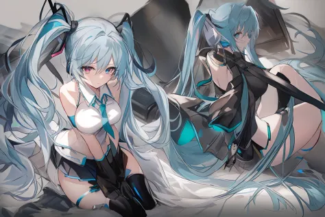 Let's start with a base illustration of a young female character. Adjust hair color to Hatsune Miku's iconic turquoise blue. Styling very long hair, Reach below the waist, With twin tails. Twin tails are evenly balanced、Make sure the top is properly wrappe...