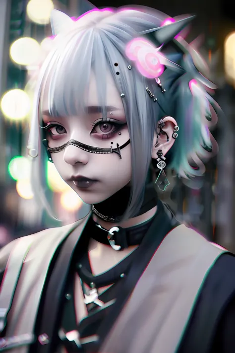 goth_punk, 1girl, solo, medium shot, walking in harajuku, ((night time)), bokeh, neon light, iridescent eyes, starry sky, white ...