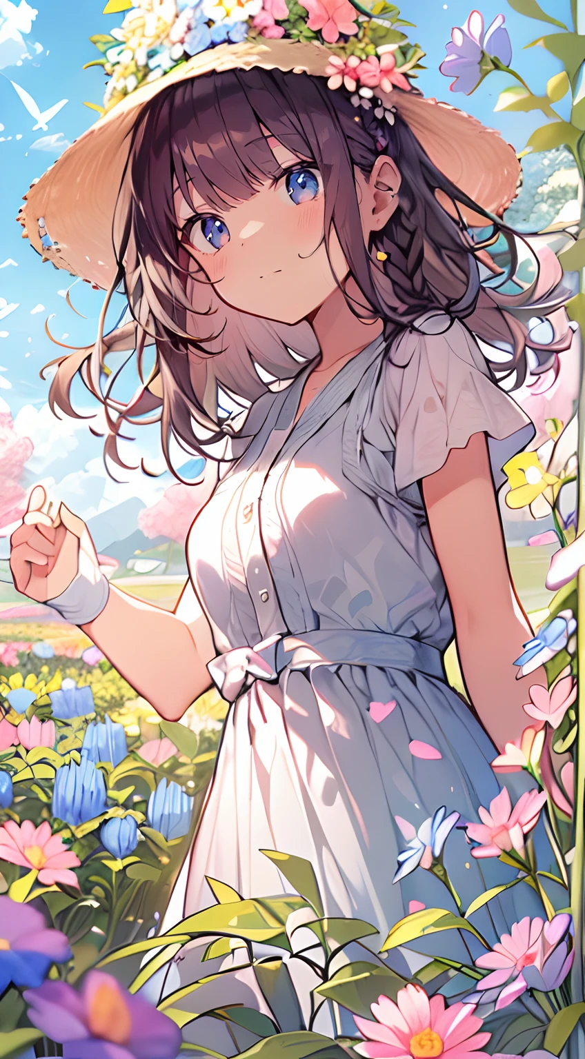 masutepiece, Best Quality,Illustration, Wallpaper, Ultra Detail, Absurd beauty、1 beautiful girl、 (Semi-long hair、short braided hair), Beautiful ultra-detailed eyes , Hair fluttering in the wind、Keep your head small、flower  field、great outdoors、Scenery of a flower garden circling around