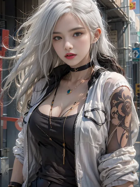 Photorealistic, high resolution, 1womanl, Solo, Hips up, view the viewer, (Detailed face), White hair, Long hair, Street attire, jewelry, Belly tattoo